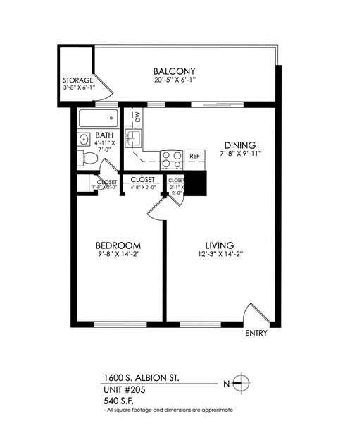 Floor plan for 1 bed, 1 bath, 600 sqft